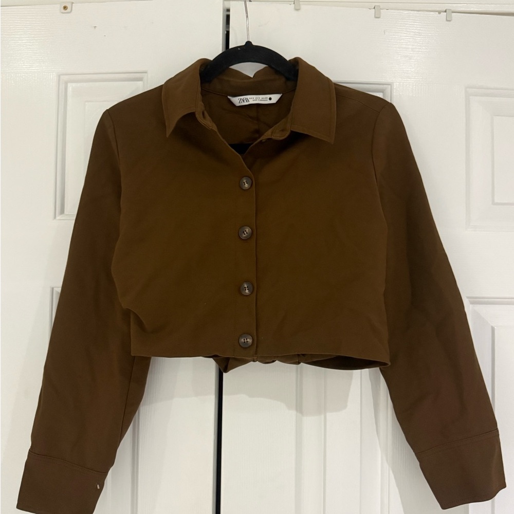 Zara Chocolate Brown Button-Down Cropped Shirt/Jacket